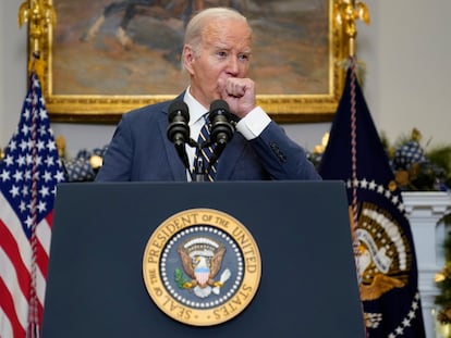 El presidente de EE UU, Joe Biden, el miércoles durante su llamamiento al Congreso para que apruebe la nueva ayuda a Ucrania.