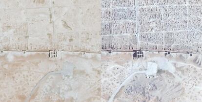 Dos imágenes de Dura Europos, del 4 de septiembre de 2011 (izquierda) y del 2 de abril de 2014 (derecha). Los signos de saqueo se pueden observar en las murallas de Dura Europos, ya que la mayoría de las ruinas resultan ahora irreconocibles.