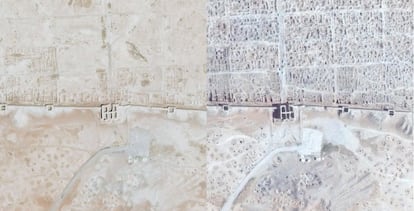 Dos imágenes de Dura Europos, del 4 de septiembre de 2011 (izquierda) y del 2 de abril de 2014 (derecha). Los signos de saqueo se pueden observar en las murallas de Dura Europos, ya que la mayoría de las ruinas resultan ahora irreconocibles.