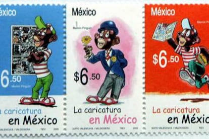 Tres modelos de la serie de sellos postales mexicanos con la caricatura de 'Memí Pinguín'.
