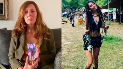 A la izquierda, la madre de Shani Louk en un vídeo donde muestra la imagen de su hija. A la derecha, la joven, en una fotografía de su perfil de Instagram.