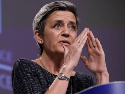 La vicepresidenta de la Comisión, Margrethe Vestager, encargada del área digital, en una rueda de prensa en Bruselas.