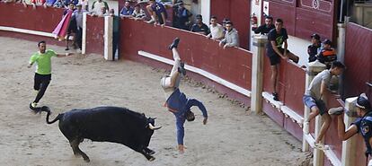 Momento en el que un joven resulta herido durante la suelta de reses de las fiestas de Leganés.