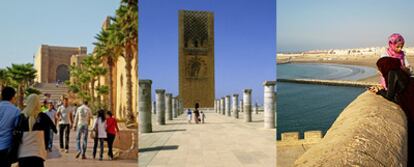 De izquierda a derecha, tres imágenes de Rabat: murallas almohades de la <b><i>kasbah</b></i> de los Udaya, la explanada de la mezquita de Yacoub el Mansour y dos jóvenes en el mirador del Sémaphore.