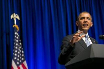 El presidente estadounidense, Barack Obama, pronuncia un discurso durante un evento de Organization for Action el 22 de julio de 2013, en el hotel Mandarin Oriental del centro de Washington DC (EE.UU.).