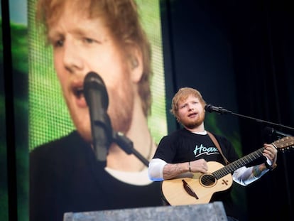 El cantante británico Ed Sheeran esta noche en el Wanda Metropolitano, en Madrid