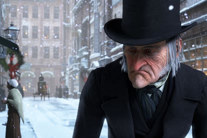 Jim Carrey como el solitario y egoísta Ebenezer Scrooge en la adaptación de ‘Cuento de Navidad’.