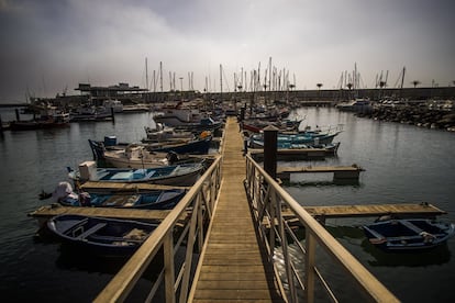 Barcos de pescadores amarrados en el puerto de Tazacorte por el volcán. El contacto de la lava del volcán de La Palma con el agua del mar produce nubes de gases ácidos que pueden causar corrosión y tener efectos en el sistema respiratorio, además de causar irritación en los ojos y en la piel.