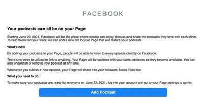 Aviso de Facebook para subir podcasts a la red social.