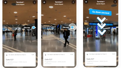 Google Maps se apoyará en la realidad aumentada para guiarnos por dentro de los edificios. En la imagen, secuencia de indicaciones en el Aeropuerto Internacional de Zúrich.