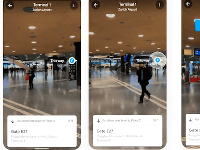 Google Maps se apoyará en la realidad aumentada para guiarnos por dentro de los edificios. En la imagen, secuencia de indicaciones en el Aeropuerto Internacional de Zúrich.