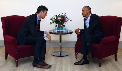 El presidente del Gobierno Pedro Sánchez con el exmandatario de EEUU Barack Obama, el pasado año en Madrid.