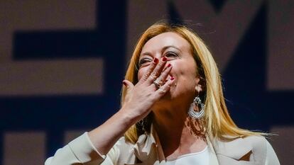 La líder de Hermanos de Italia, Giorgia Meloni, durante el cierre de campaña el viernes en Roma.