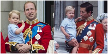 La primera vez que el príncipe Jorge salió al balcón de Buckingham a saludar, lo hizo con un mono azul claro muy parecido a la vez que Guillermo de Inglaterra saludaba en brazos de su padre, en su debut en el balcón palaciego en 1984.