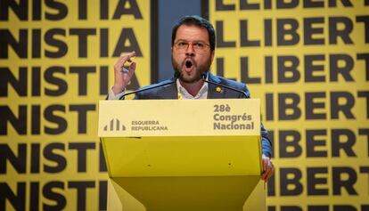 El vicepresidente del Govern, Pere Aragonès, interviene en el 28º Congreso Nacional de ERC, en Barcelona.