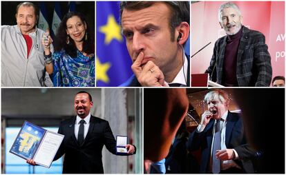 Estos son algunos de los galardonados en los premios Infames del Año. De izquierda a derecha y de arriba a abajo: Daniel Ortega y Rosario Murillo, Emmanuel Macron, Fernando Grande-Marlaska, Abiy Ahmed Ali y Boris Johnson.