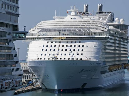 Controversial cruise liner ‘Harmony of the Seas’ anchored in Barcelona.