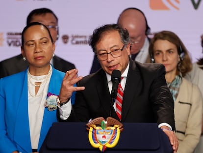 El presidente de Colombia, Gustavo Petro, en la rueda de prensa posterior a su encuentro con los miembros del Consejo de Seguridad de la ONU, en la Casa de Nariño, en Bogotá.