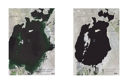 En Kazajistn y Uzbekistn. Su extensin se ha reducido a una cuarta parte de lo que era hace 50 a?os. 

El brutal encogimiento del Mar de Aral comenz en los a?os setenta con la desviacin de los principales ros que le abastecan de agua en favor del cultivo de algodn en la rida zona central de la URSS. Hasta entonces, el Mar de Aral era el cuarto lago ms grande del mundo.