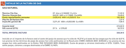 Extracto de una factura de gas con el cobro erróneo resaltado.