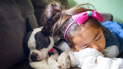 Una niña duerme junto a un perro en un sofá.