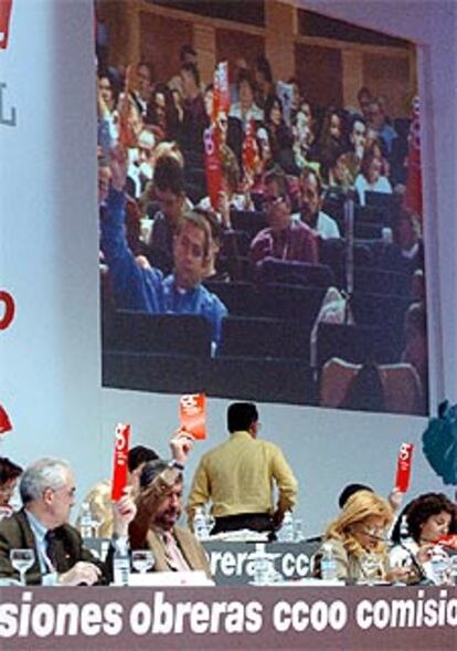 Moreno y Fidalgo (abajo a la izquierda), durante el congreso de CC OO.