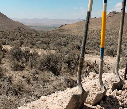 Exploration drilling continues for Permitting Lithium Nevada Corp.'s Thacker Pass Project on the site between Orovada and Kings Valley, in Humboldt county, Nev., shown beyond a driller's shovels in the distance on Sept. 13, 2018.