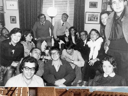 Juan Benet, al fondo a la derecha, en su casa en  1982 junto a varios de sus amigos. Están, entre otros, Marías o García Hortelano. Abajo, Ángel González, Benet y Hortelano, en Taos (Nuevo México), en 1977.