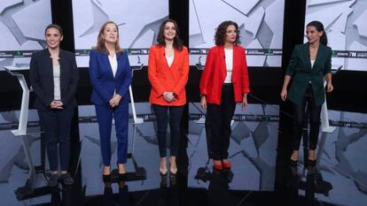 Montero (Unidas Podemos), Pastor (PP), Arrimadas (Cs), Montero (PSOE) y Monasterio (Vox), en el debate.