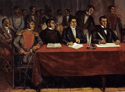 Jose Maria Morelos y Pavón en la sesión plenaria del Congreso de Chilpancingo, en 1813.