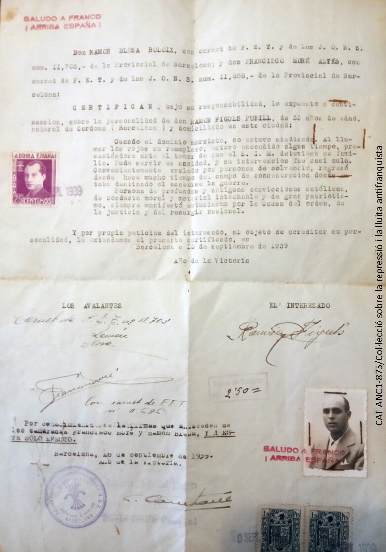 Certificado de Falange del 15 de septiembre de 1939 referido a Ramon Figuls.