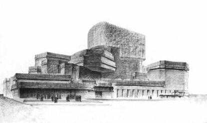 Perspectiva a mano alzada de Rafael Moneo de la Ópera de Madrid (1962).