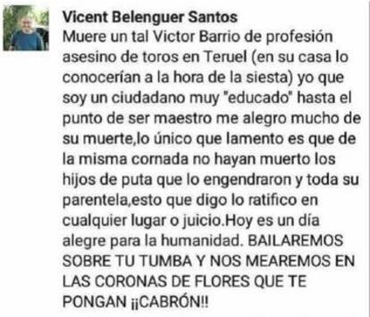 El missatge de Facebook de Belenguer.