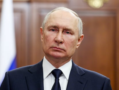 Russian President Vladimir Putin delivers his address to the nation in Moscow, Russia, on June 26, 2023.