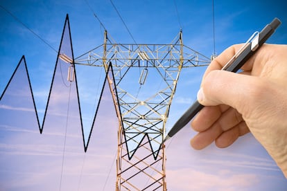 Hand drawing a graph about energy production - concept image with power tower and transmission lines on blue background