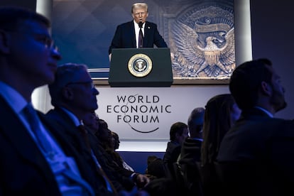 El presidente de EE UU, Donald Trump, durante su intervención telemático en el foro de Davos de 2025.