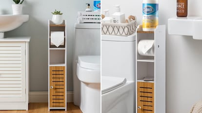 Mueble de madera con portarrollos para papel higiénico y estantes para el cuarto de baño