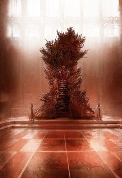El archifamoso trono de hierro en la versión más fiel a cómo lo imagina George R. R. Martin, un sitial que puede llegar a matar al monarca descuidado que se siente en él. Es una de las ilustraciones realizadas por el artista Marc Simonetti para 'El mundo de hielo y fuego'.
