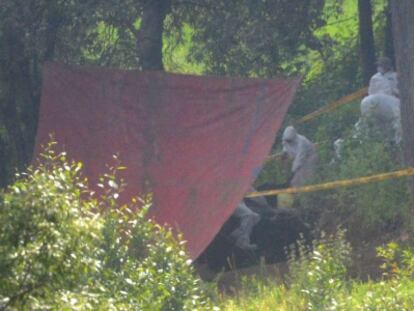 Peritos forenses en la fosa donde han hallado los cuerpos.