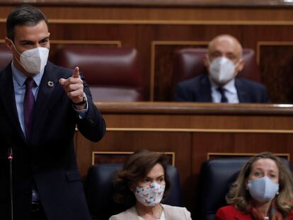 El presidente del Gobierno, Pedro Sánchez, este miércoles durante su intervención en la sesión de control al Ejecutivo en el Congreso.