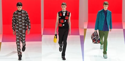 Tres modelos durante el desfile de la colección otoño/invierno 2020 de Prada.