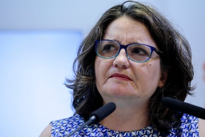 Mónica Oltra, en la rueda de prensa donde anunció su dimisión en el año 2022 