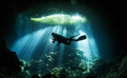 Un buceador en un cenote mexicano.