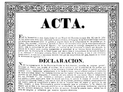 Un facsímil de la edición original del acta de Independencia de Argentina.