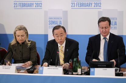 Hillary Clinton, Ban Ki-Moon y David Cameron hoy en Londres.