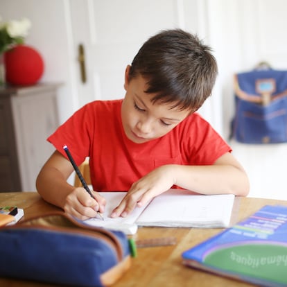 A 7 years old boy doing his homework