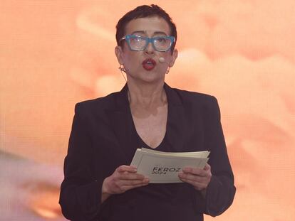 La presidenta de AICE, María Guerra, durante la gala de la undécima edición de los Premios Feroz, el viernes en el Palacio de Vistalegre, en Madrid.