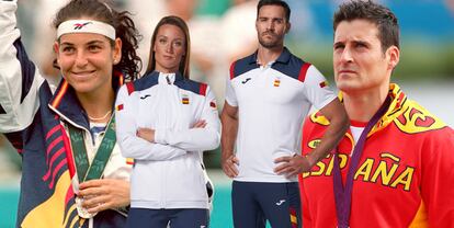 De izquierda a derecha: Arantxa Sanchez-Vicario en Atlanta 96, los uniformes españoles de Tokio 2020 y la polémica sudadera diseñada por Bosco para Londres 2012.