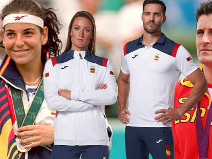 De izquierda a derecha: Arantxa Sanchez-Vicario en Atlanta 96, los uniformes españoles de Tokio 2020 y la polémica sudadera diseñada por Bosco para Londres 2012.