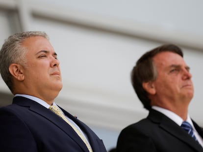 O presidente da Colômbia, Iván Duque, em encontro com Jair Bolsonaro nesta terça, em Brasília.